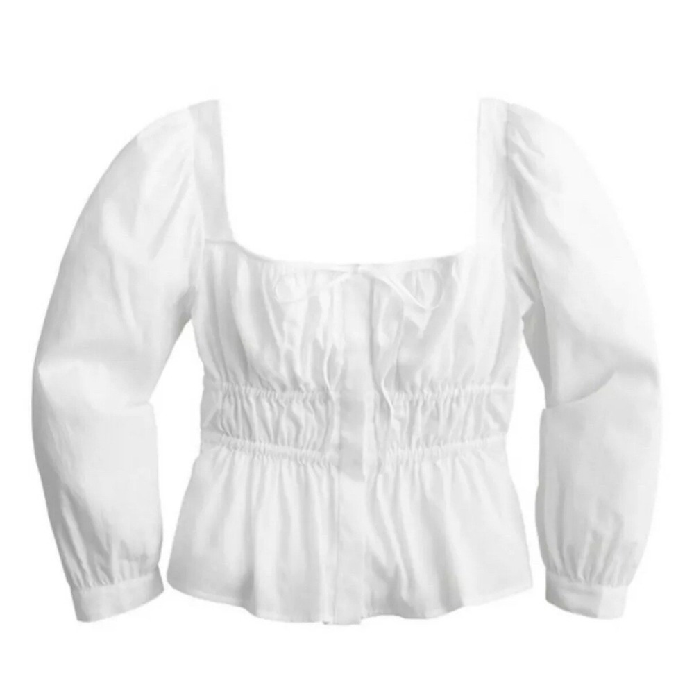 J. CREW Cinched-waist peasant top white herringbone cotton size 8
